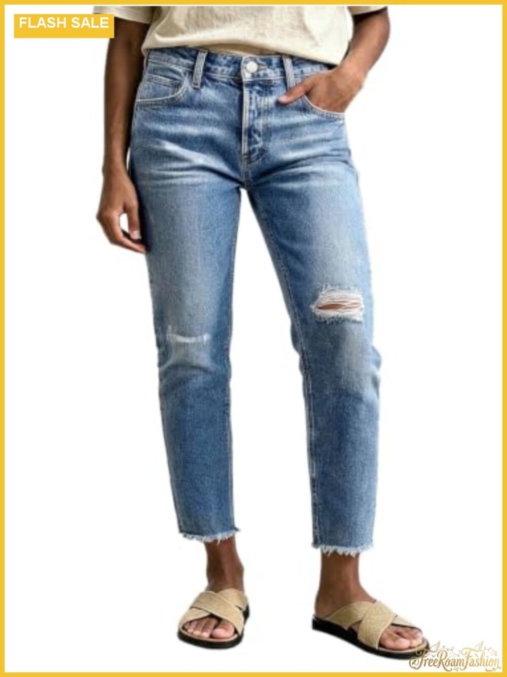 Mid Rise Straight Leg Crop Jeans Raw Hem Ripped Washed Denim